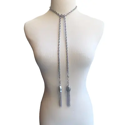 Vintage Monet Tassel Necklace Silver Tone Rope Chain Lariat Pinecone Fringe • $85