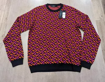 $1325 Mens VERSACE La Greca Monogram Wool Crewneck Sweater Magenta 50 US Large • $599.99