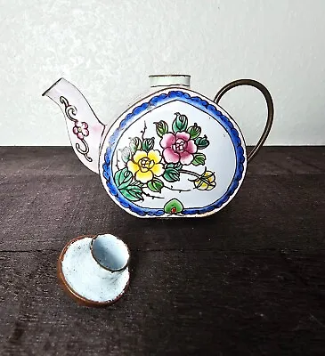 Pastel Pink & Floral Designs On Enamel Over Copper Miniature Teapot & Lid 3 X4  • $14.95