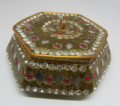 Small Vintage Rhinestone Gold Tone Art Trinket Jewelry Pill Stash Box • $14.99