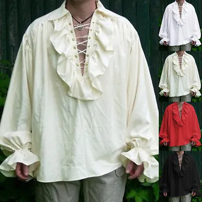 Retro Men Gothic Shirt Top Victorian Medieval Ruffle Pirate Puff Sleeve HOT  • $18.62