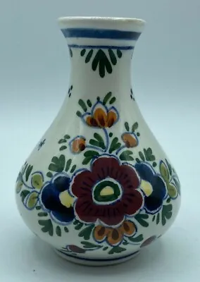 Vintage Delfts Poly Hand Painted Vase Made In Holland Signed Flowers 3 1/2  • $25