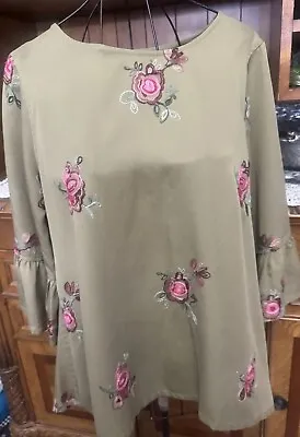 John Mark Olive Green Floral Embroidered Tunic Top Wm  Sm 3/4 Sleeve Bell Cuffs • £20.08