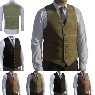 Men Plaid Waistcoat Tweed Vest Windowpane Wedding Vintage Wool Herringbone Groom • $18.99