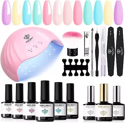 Modelones Gel Nail Polish Kit Starter 6 Colors Pastel Set 48W UV Lamp Art Salon • £41.99