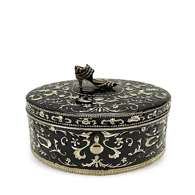 Black & Gold Enamel Metal Rhinestone Shoe Mirrored Hinged Jewelry Trinket Box • $29.99