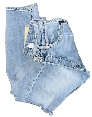 H&M Mom Hi Rise Button Fly Jeans Womens 4 Blue Light Denim Distressed 26/28 • $12