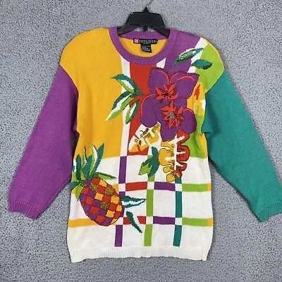 Vtg IB Diffusion Sz XS Pineapple Floral Beaded Knit Oversized Sweater Colorful • $31.95