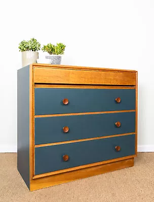 Vintage Mid-Century Light Oak & Blue Painted Meredew Chest Of Drawers 1950's • £275