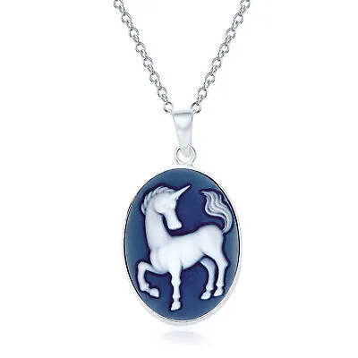 $36.99 • Buy Medallion Pegasus Blue Unicorn Cameo Pendant Necklace Sterling Silver