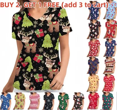 Womens Short Sleeve T-Shirt Christmas Printed Uniform Nursing Scrub Pocket Tops • $4.85