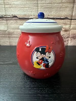 Disney Mickey And Minnie Red White & Blue Ceramic Cookie Jar With Lid Vintage • $14.99