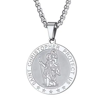 PROSTEEL St Christopher Pendant For Men With Chain Traveller's Prayer Gift Best • £15.57