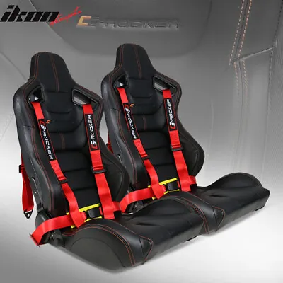 Universal Reclinable Racing Seat Dual Slider Black Red Belt X2 PU Carbon Leather • $400.99