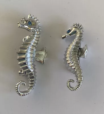 2 Vintage Seahorse Pins Silvertone With Blue Crystal Eyes Beach Coastal Style • $4.98