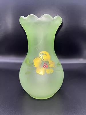 Vintage Frosted Green Glass Vase Hand Painted 6.5” Tall • $20