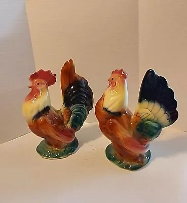 Vintage Royal Copley Hen And Rooster Ceramic 1950s Figurines 8  High  • $28