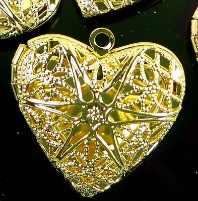 4 Gold Plated Filigree Hollow Locket Heart Pendants 26mm • $5.99