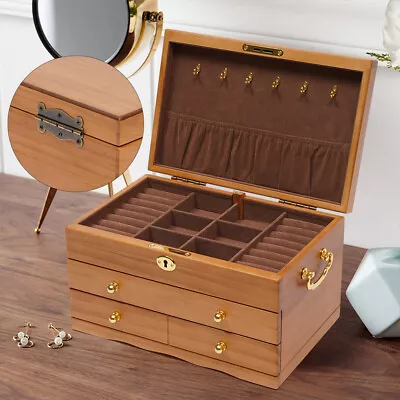 Large Capacity Wooden Jewelry Box 3 Layers W/ Safe Lock Retro Storage Organizer • $52