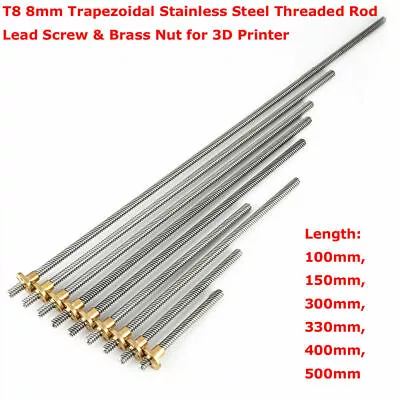 T8 Stainless Steel Lead Screw 8mm Acme Threaded Rod W/ Brass Nut 100mm - 500mm • £4.78