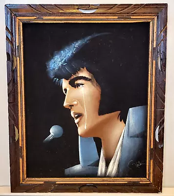 Vintage ELVIS PRESLEY Framed Black Velvet Painting 1970s Sad Crying 19 X 24  • $199.99