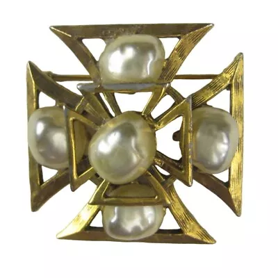 Jeanne Maltese Cross Brooch Vintage Pin Goldtone Imitation Baroque Pearls READ • $24.99