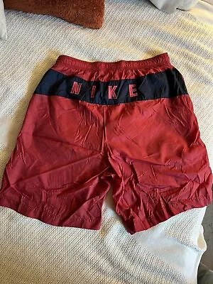 Vintage Nike Big Spellout Swim Trunks Men's Shorts Nylon Medium 90s Y2K Red • $15