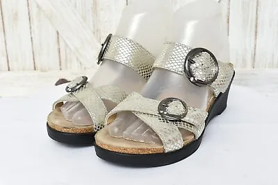 Mephisto Gold Snake Print Leather Wedge Sandals Buckle Criss Cross Womens Sz 37 • $59.99
