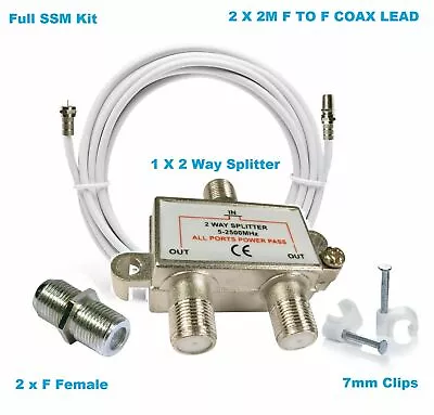 £6.99 • Buy 2 Way Splitter Kit For Cable TV CATV Starview NTL Virgin Media DBox2 + 7mm Clips