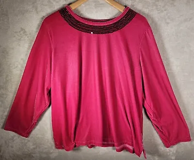 Quaker Factory Tunic Top Womens Plus Sz 2X Pink Velvet Sequins Long Sleeve • $19.95