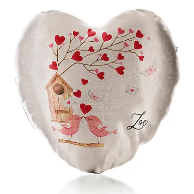 Personalised Heart Shaped Cushion Pink Glitter Anniversary Gift Red Love Bird • £15.19
