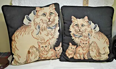 2 Vintage Needlepoint Tapestry Throw Pillow Persian Cat Kitten Pillows • $39.99