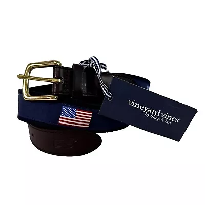 Vineyard Vines FLAG Canvas Club Leather Belt Mens Size 36 Blue Brown USA NEW • $34.99