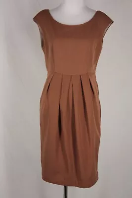 H&M  Dress 8 Brown Cap Sleeve V-Neck Back Zipper Pleated Lined Knee B20 • $10.49