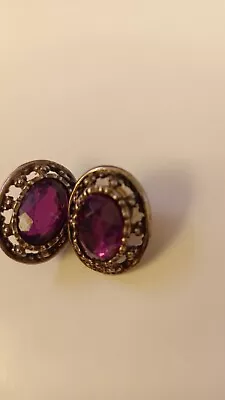 Vintage Silver Tone Purple Rhinestone Pierced Earrings • $8.40