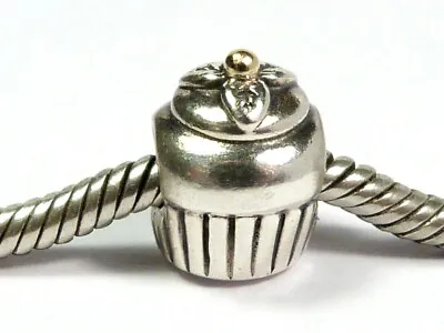 PANDORA S925 ALE STERLING SILVER & 14ct GOLD TIPPED CUP CAKE CHARM BEAD 790417 • £17.95