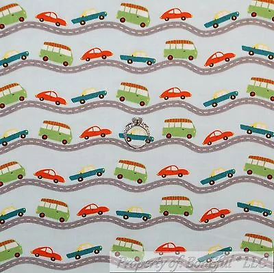BonEful Fabric FQ Cotton Quilt Blue Gray Red Baby Boy Car Truck Van Road Stripe • $3.67
