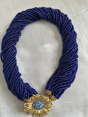 Vintage Multi-Strand Royal Blue Beaded Gold-Tone Floral Clasp & Stones Necklace • $35