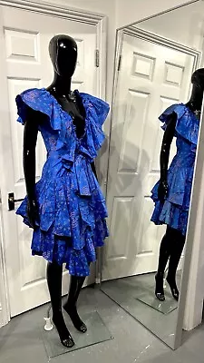 Zandra Rhodes Rare 1980’s 100% Silk Royal Blue Gown With Frills. Size: 10 UK • $947.21