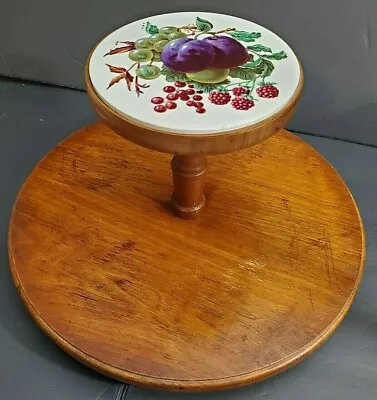 Vtg 70s Mid Century Ceramic Serving Tray Wood Swivel LAZY SUSAN Plums/Grapes.. • $19.49