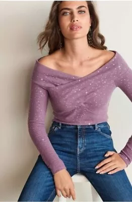 Next UK 18 Mauve Pink Sequin Off-Shoulder Cozy Christmas Jumper Top BNWT  • £18