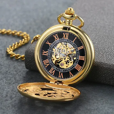 Mens Pocket Watch Mechanical Gold Case Hollow Hands Chain Hand-winding Luxury • $21.99