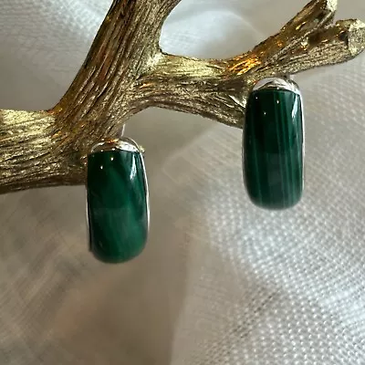 Signed KN 925 Sterling Silver Malachite Inlay Hoop Latch Back Earrings • $34.32