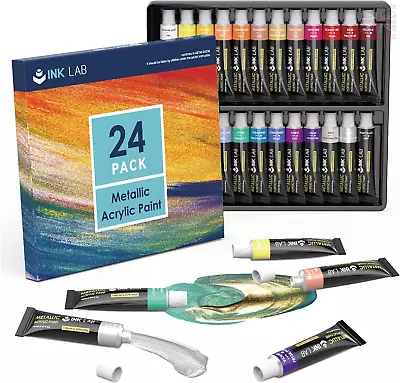 INK LAB Metallic Acrylic Paint Set 24 Tubes Non Toxic Metallic Acrylic Crafts & • £13.10