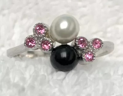 Vintage Silver 925 Ring W/ Black & White Pearls & Pink CZ Accents Sz 6.5 • $59