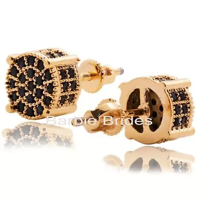 Micro Pave 18K Gold Plated Black Cubic Zirconia Men Women Cluster Stud Earrings • $13.95