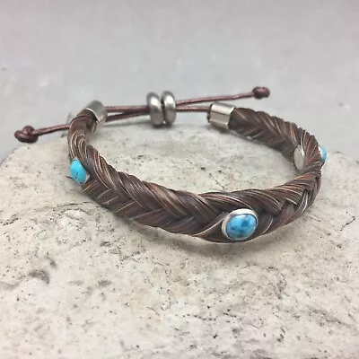 Woven Horse Hair Bracelet Faux Turquoise Gems Adjustable Leather Silver Tone • £16