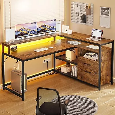 L Shaped Desk 55  Home Office Desk With LED Lights & Printer Storage Shelves • $149.97