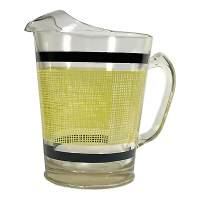 Clear Glass Juice Pitcher Vintage MCM Yellow Black Stripes Burlap Retro • $17.50