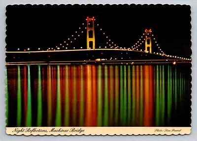 Night Reflections Mackinaw City Bridge View Michigan Vintage Unposted Postcard • $8